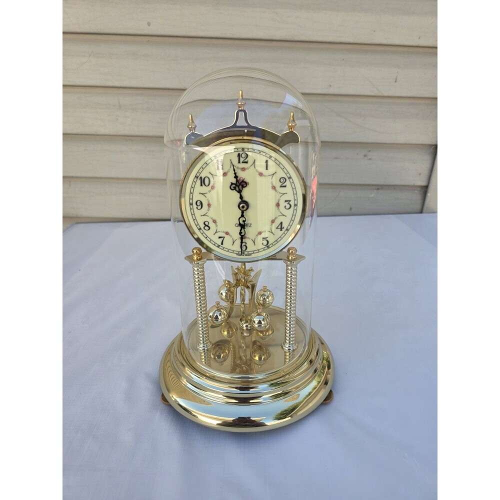 Vintage Elgin Anniversary Clock Glass Dome Porcelain Dial Flowers Japan 12.5”